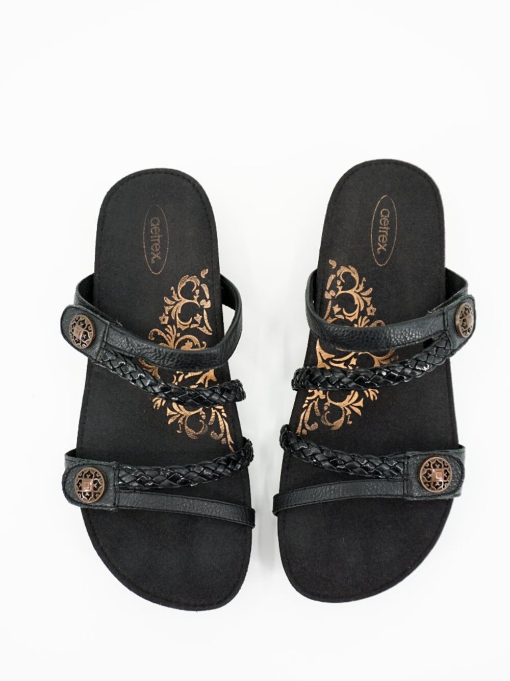 Aetrex Women's Janey Braided Black Leather Slip On Sandals Size 9.5